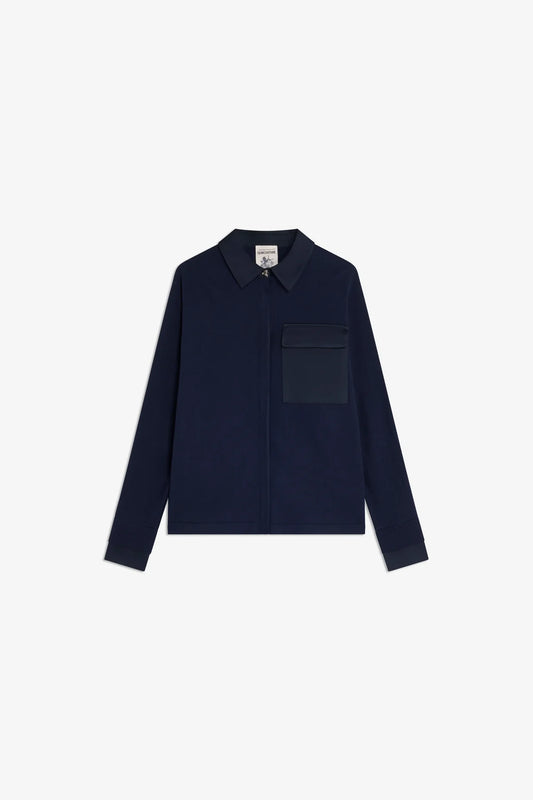 Semicouture maglia in lana blu con dettagli colletto polsini e tasca in enerversatin