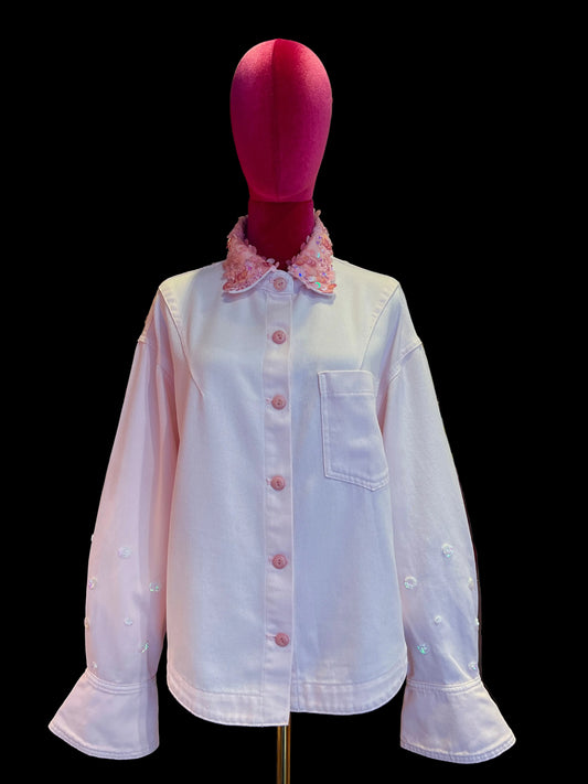 Sincere Paris giacca camicia rosa con colletto paillettes e maniche