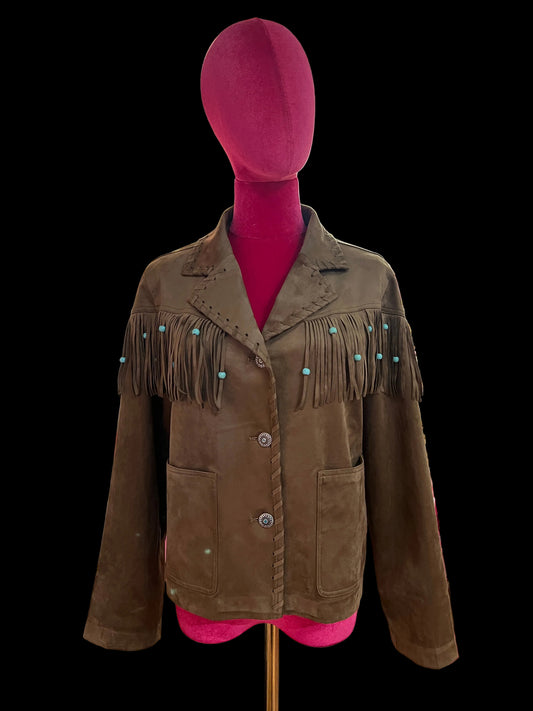 Sincere Paris giacca ecosuede marrone con frange e perline turchesi