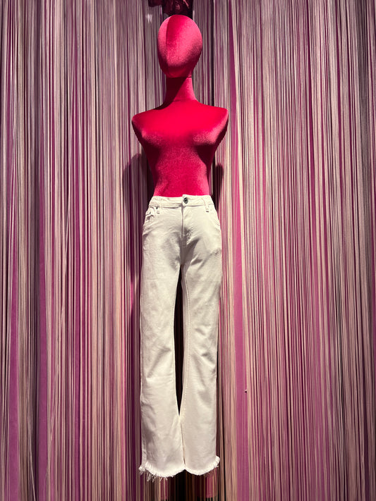 Mon amour Paris pantalone 5 tasche cotone elastico a zampetta sfrangiato bianco