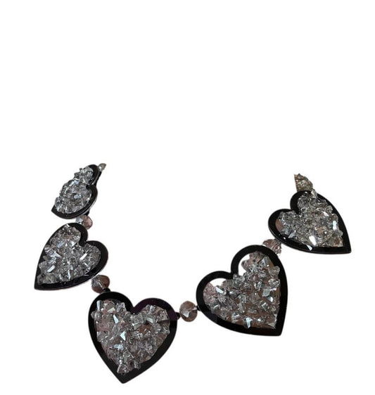 Sereku collana in cristallo grigio con cuori neri con strass decorati in cristallo