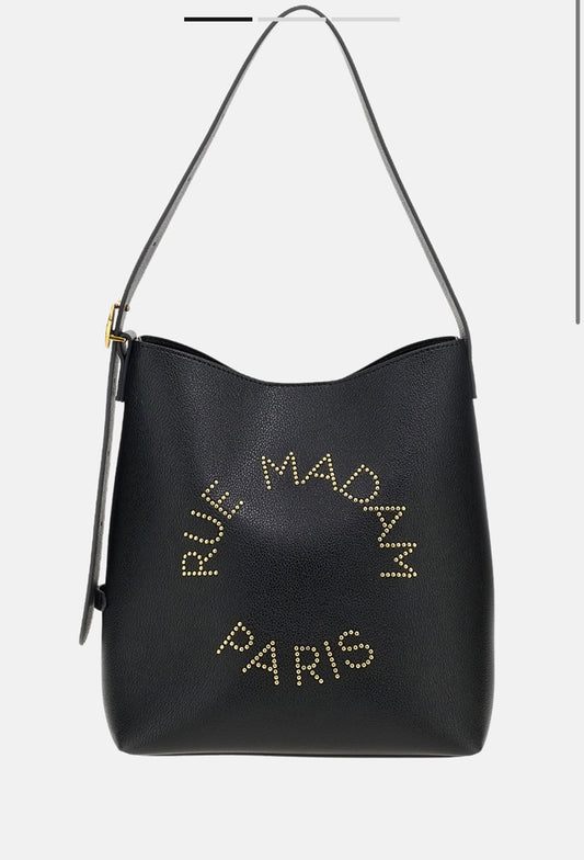 Rue Madam Paris borsa a secchiello in ecopelle nero con logo micro borchiette dorate