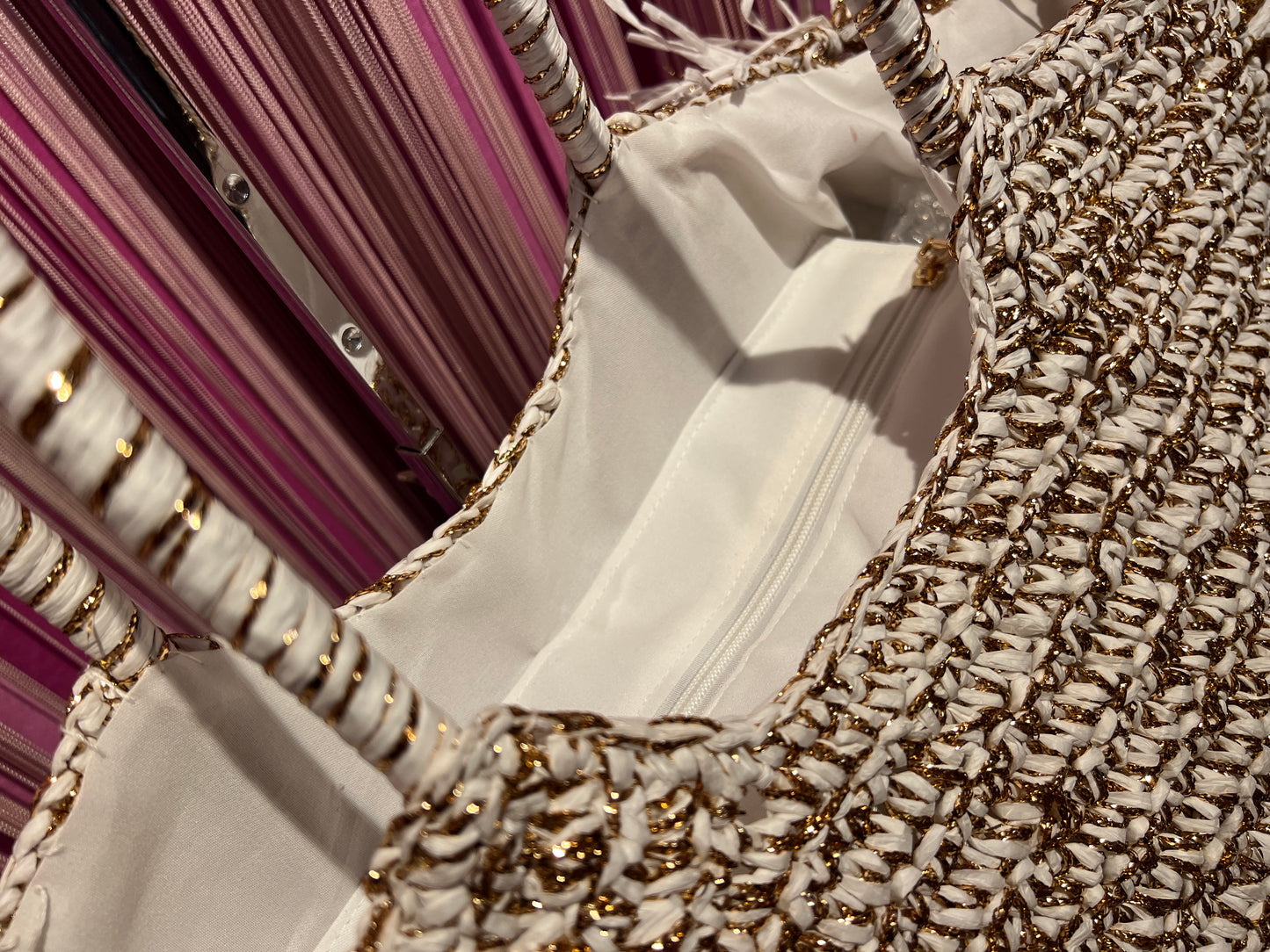 Love & roses borsa rafia con frange panna e filo lurex bronzo