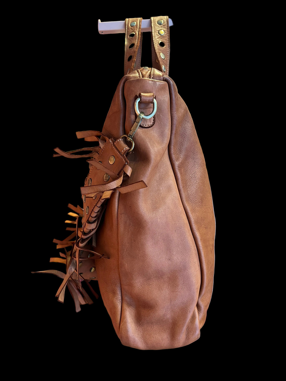 Love & roses borsa in pelle due manici colore cuoio con tracolla con frange ( la pelle utilizzata è naturale, le disomogeneità del colore e della grana sono caratterizzate intrinseche della materia prima)