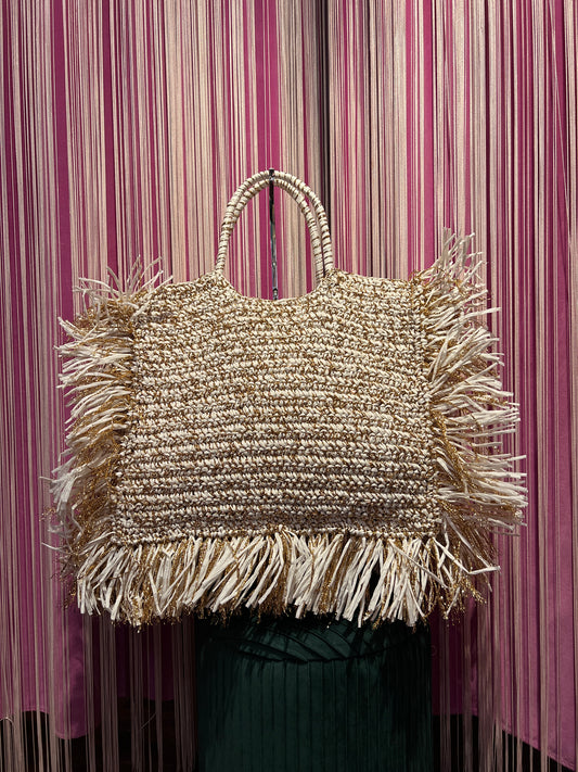 Love & roses -50% borsa rafia con frange panna e filo lurex bronzo