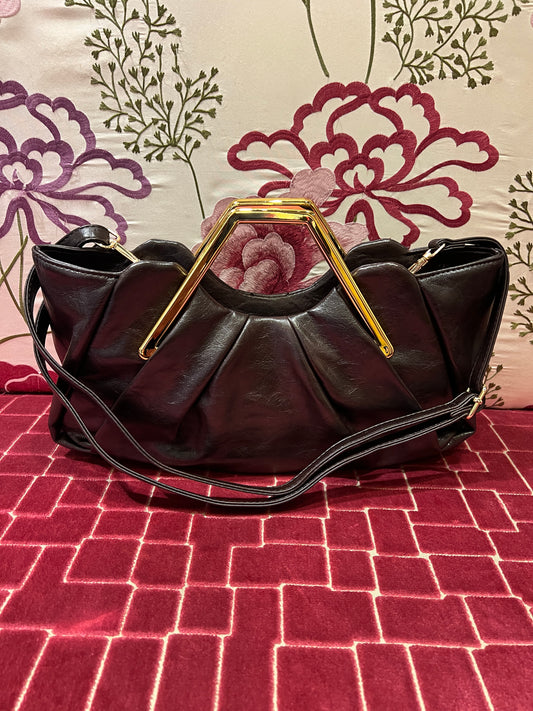 Borsa manico rigido effetto metallico color oro , tracollina ecopelle testa di moro