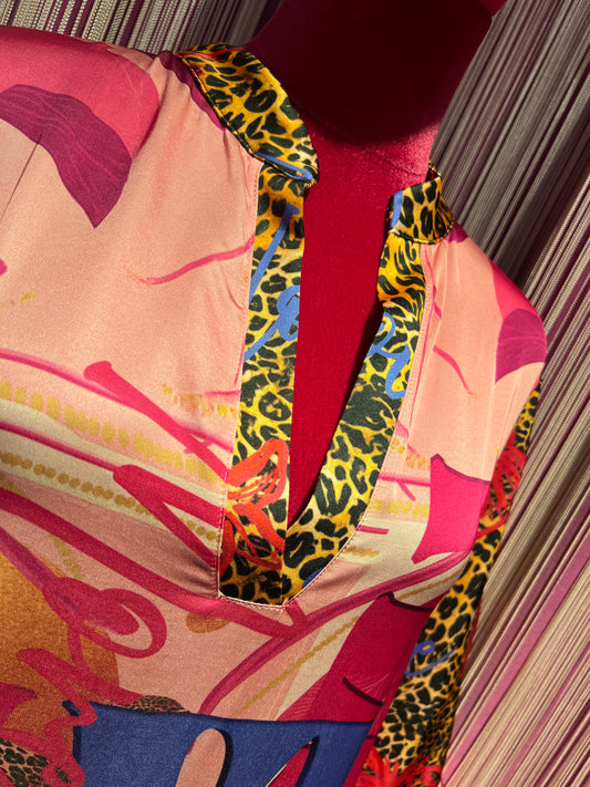Miss goodlife abito fantasia multicolor con dettagli animalier e stampa leopardo