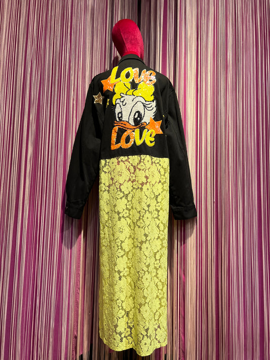 Pds spolverino con patch paillettes “love love” e pizzo giallo lime