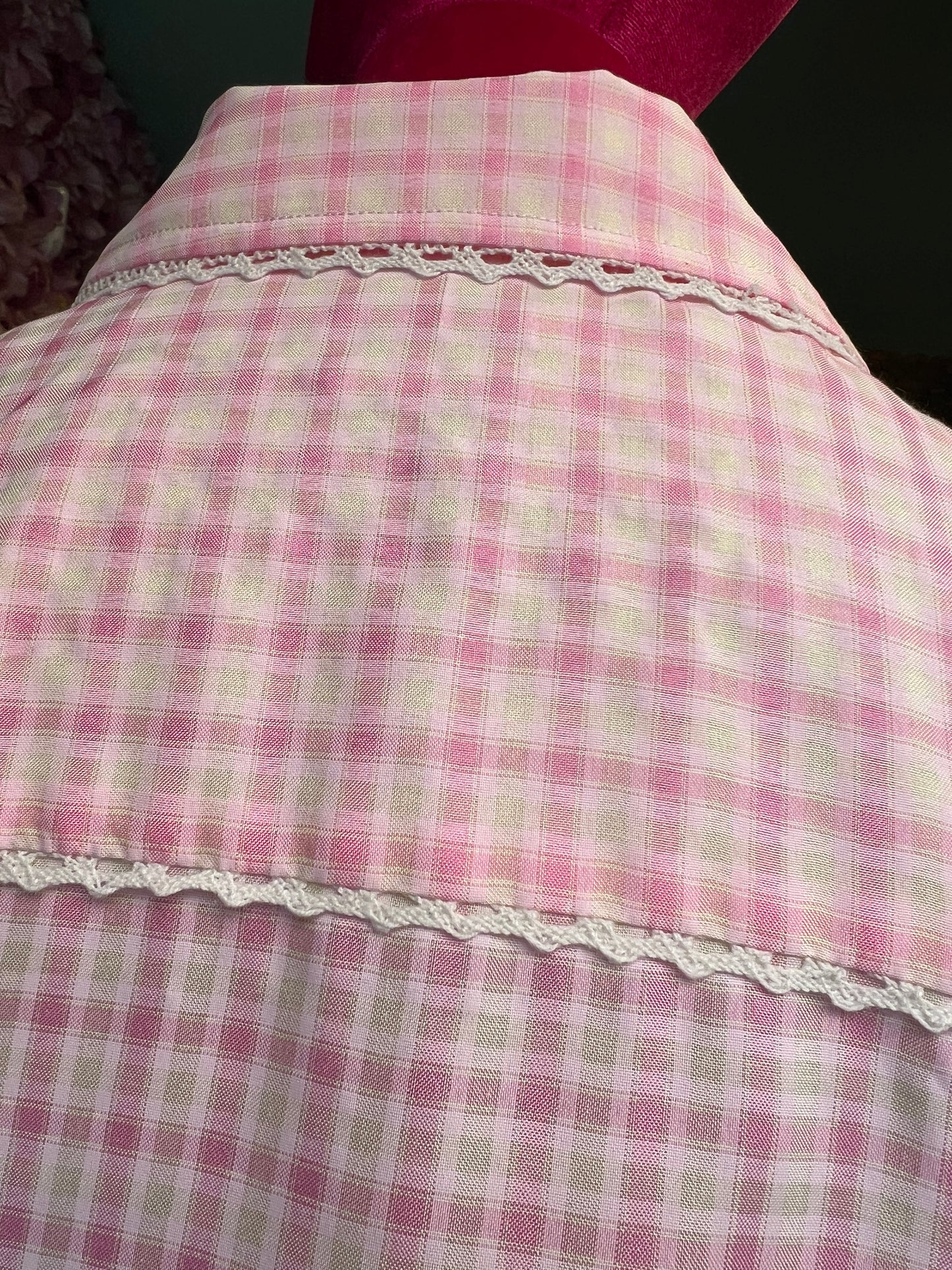 Sincere Paris camicia cotone quadretti rosa e bianchi colletto quadretti con bordo uncinetto