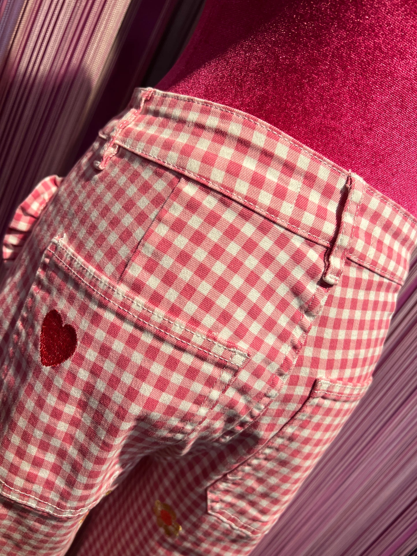 Love & roses pantalone a quadretti rosa e bianco tasche a cuore
