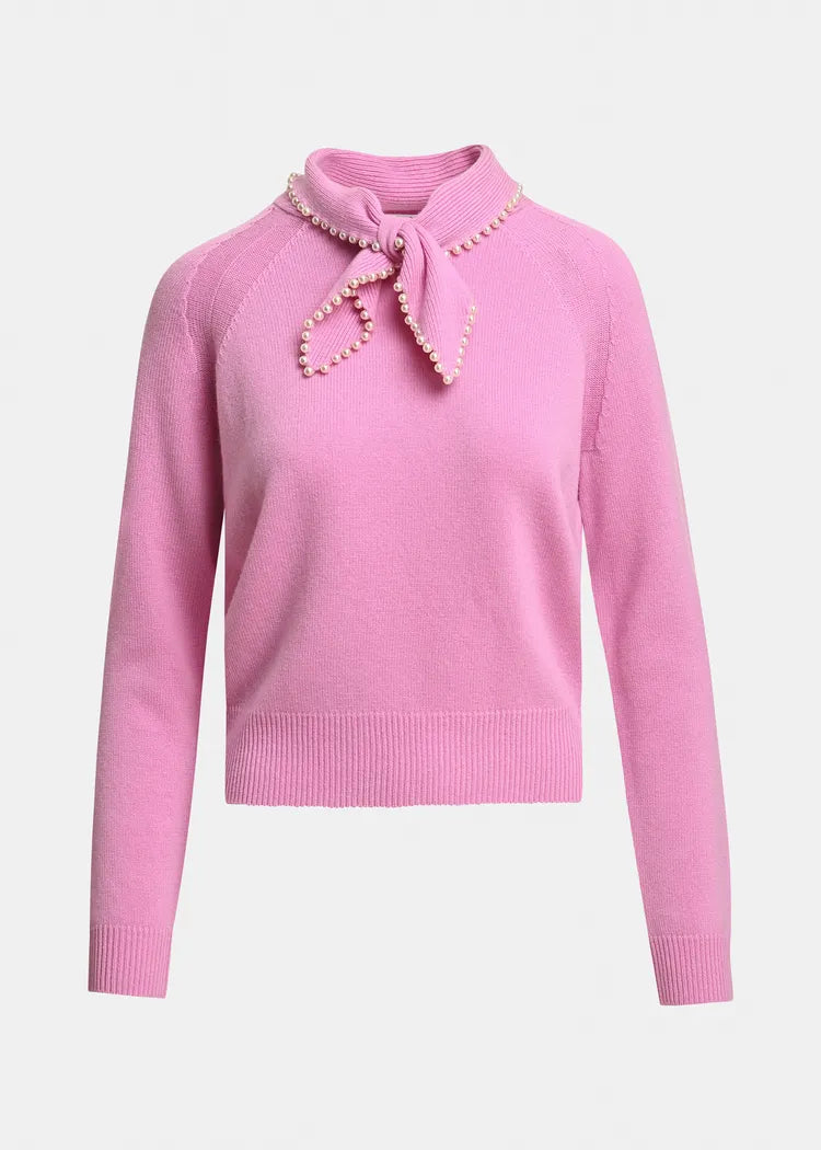 Essentiel antwerp maglia mista lana e cachemire rosa bubble con colletto decorato con perline
