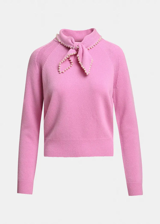 Essentiel antwerp maglia mista lana e cachemire rosa bubble con colletto decorato con perline