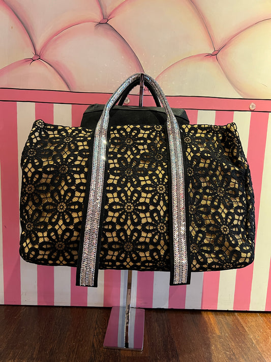 Love & roses borsa due manici in rafia e pizzo nero , cristalli e pochette nera rimovibile