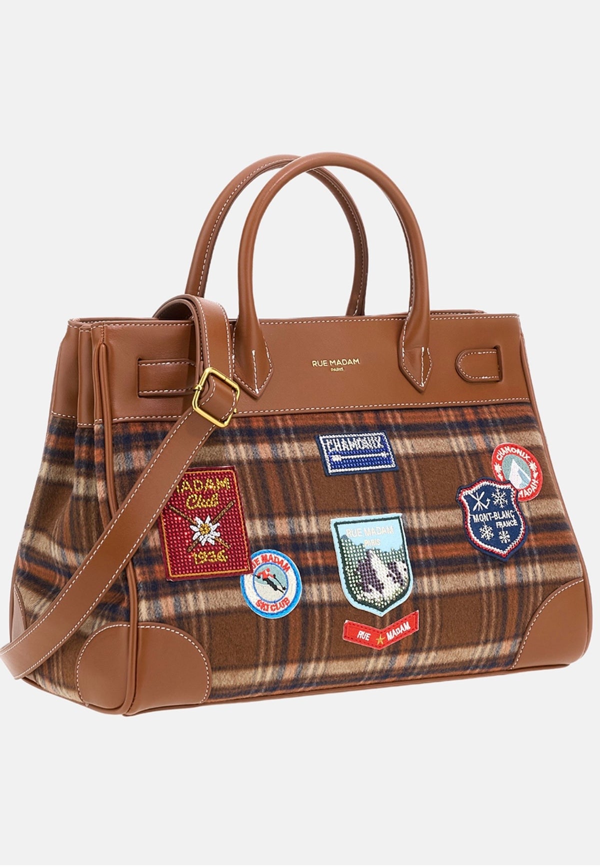 Rue Madam Paris borsa due manici in panno e ecopelle fantasia check tartan/orange con tracolla