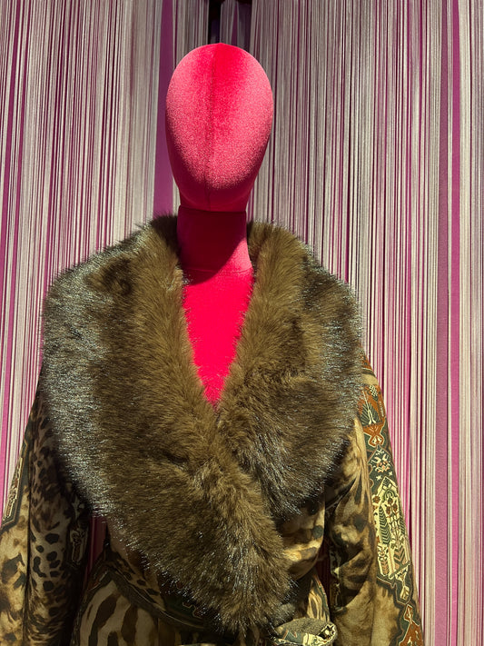Front street cappotto a kimono con cinta fantasia animalier con collo e polsi in ecopelliccia