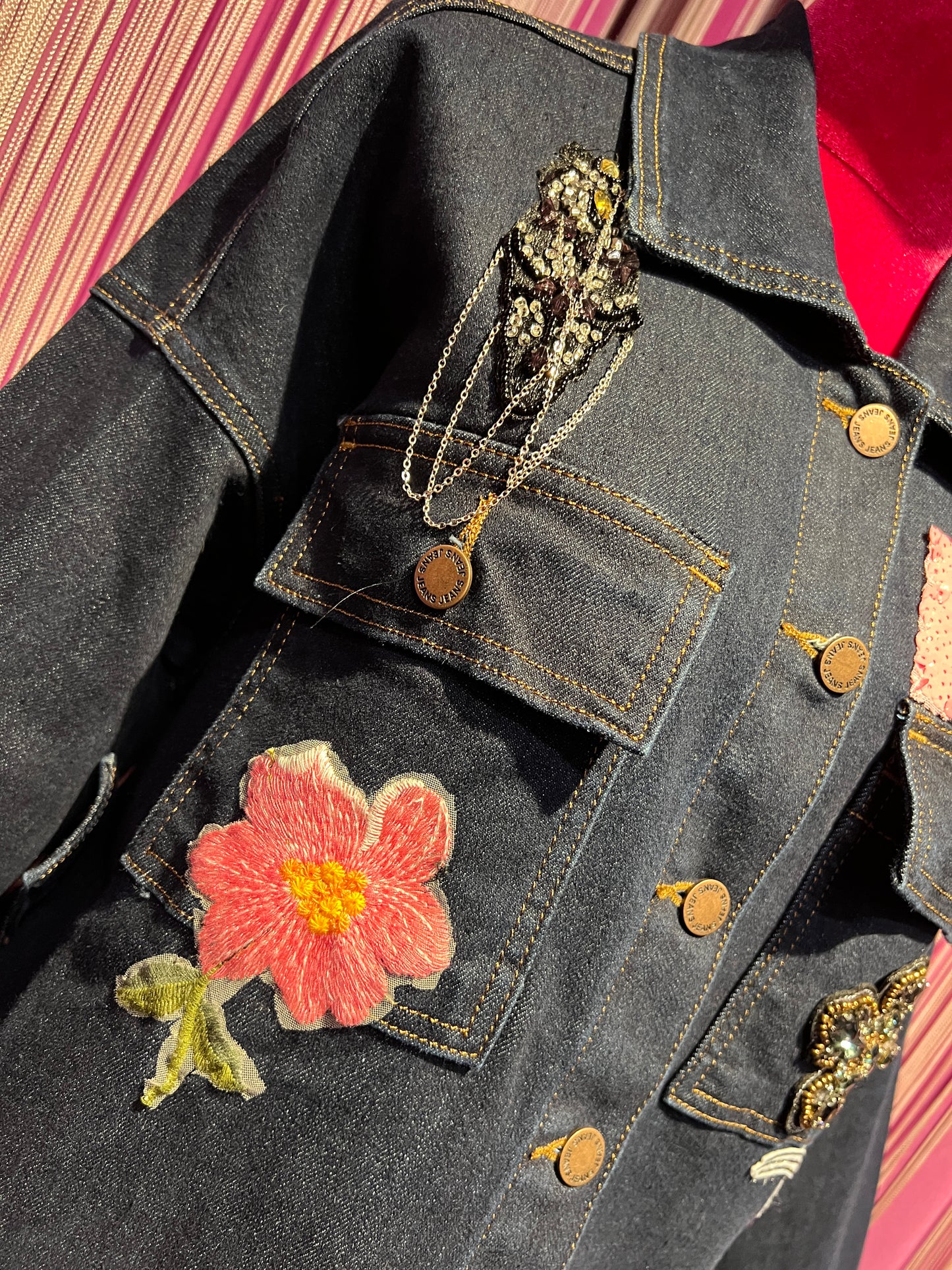 ABpink 🩷 giacca denim con cintura applicazioni pantera rosa