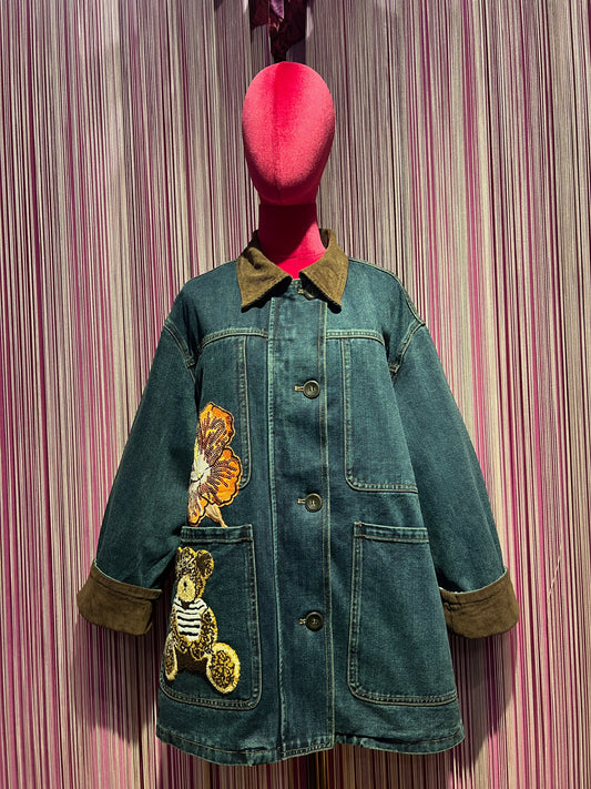 The room giacca jeans BLOOM denim con colletto e polsi in velluto, patch