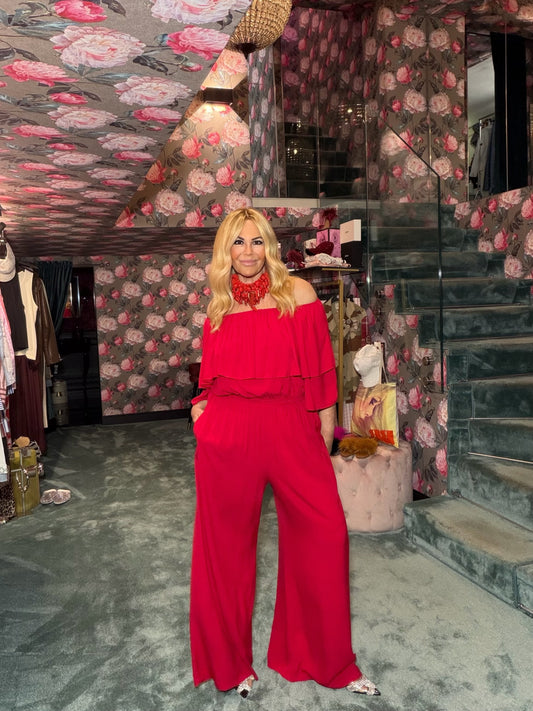 Love & roses completo oversize blusa scollo Bardot e pantalone palazzo con elastico in vita