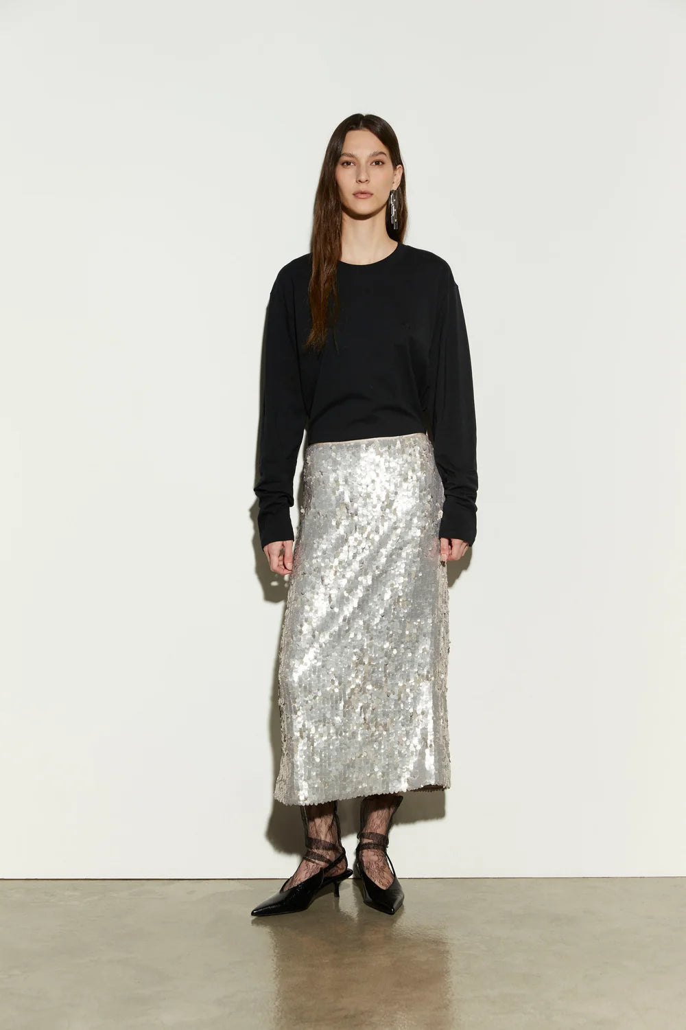 Isabelle Blanche Paris gonna midi in paillettes colore sabbia chiaro