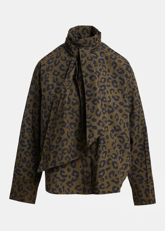 Essentiel antwerp camicia di cotone con fiocco al collo stampa leopardata kaki e blu