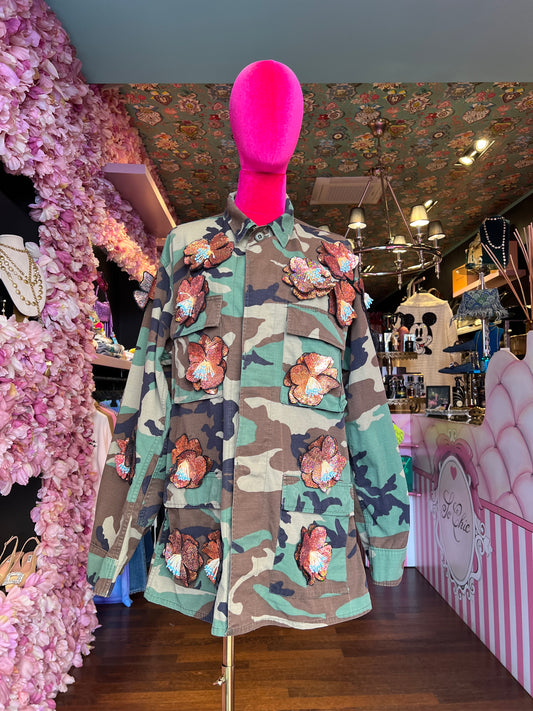 Mia bag giacca militare vintage camouflage patch fiori paillettes