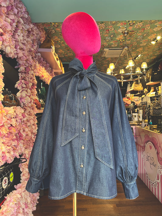 Mon amour Paris camicia denim oversize taglia unica con fiocco e maniche ampie