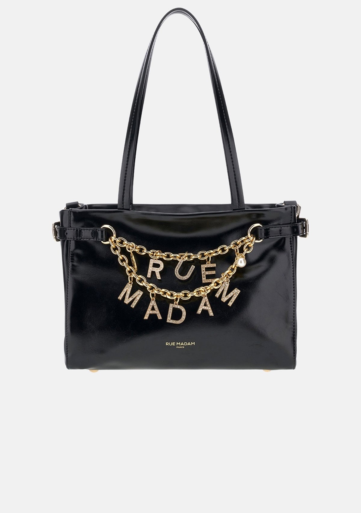 Rue Madam Paris borsa mini in ecopelle nera effetto vinile impreziosita da charms con doppia catena