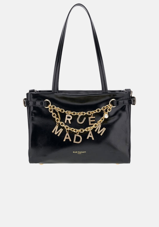 Rue Madam Paris borsa mini in ecopelle nera effetto vinile impreziosita da charms con doppia catena