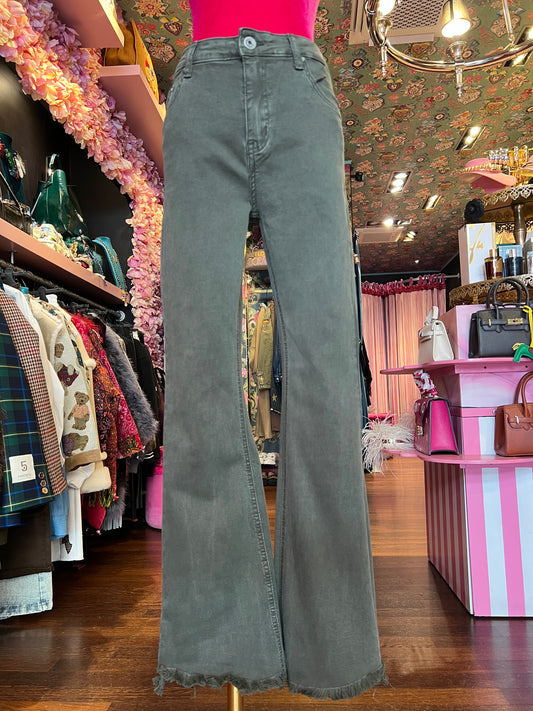 Mon amour Paris pantalone 5 tasche elasticizzato a zampetta, orlo sfrangiato verde militare