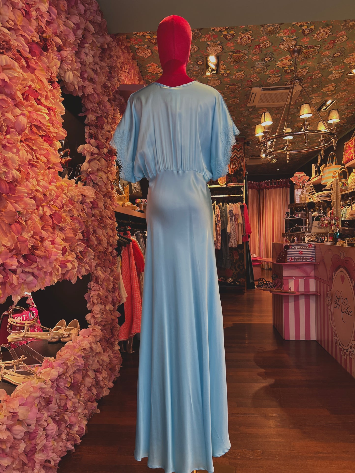 Pink memories -40%abito lungo mezze maniche con pizzo turchese