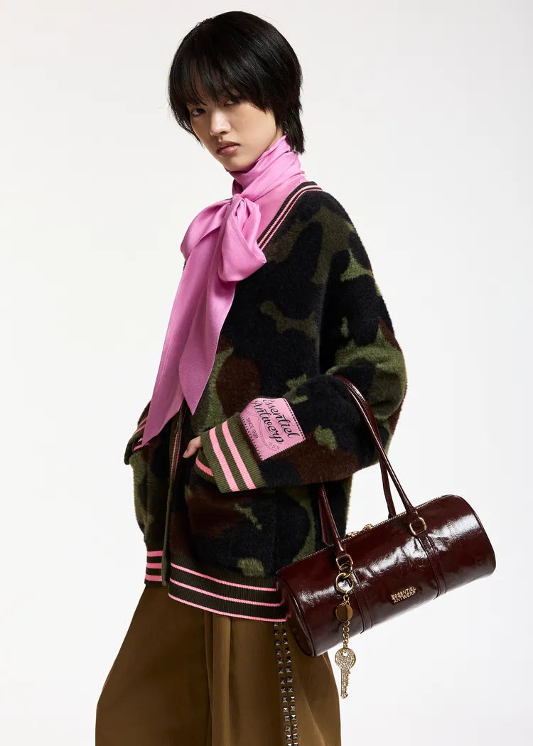 Essentiel antwerp cardigan jacquard mimetico kaki marrone con bordi a righe rosa