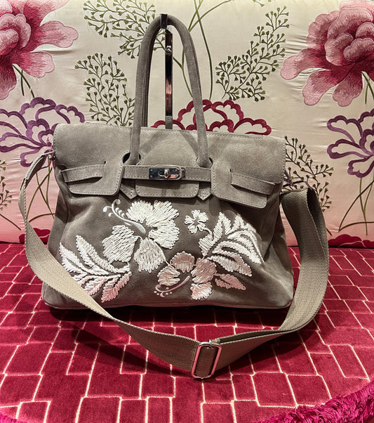 Mia bag borsa due manici con tracolla in camoscio ricamo fiori