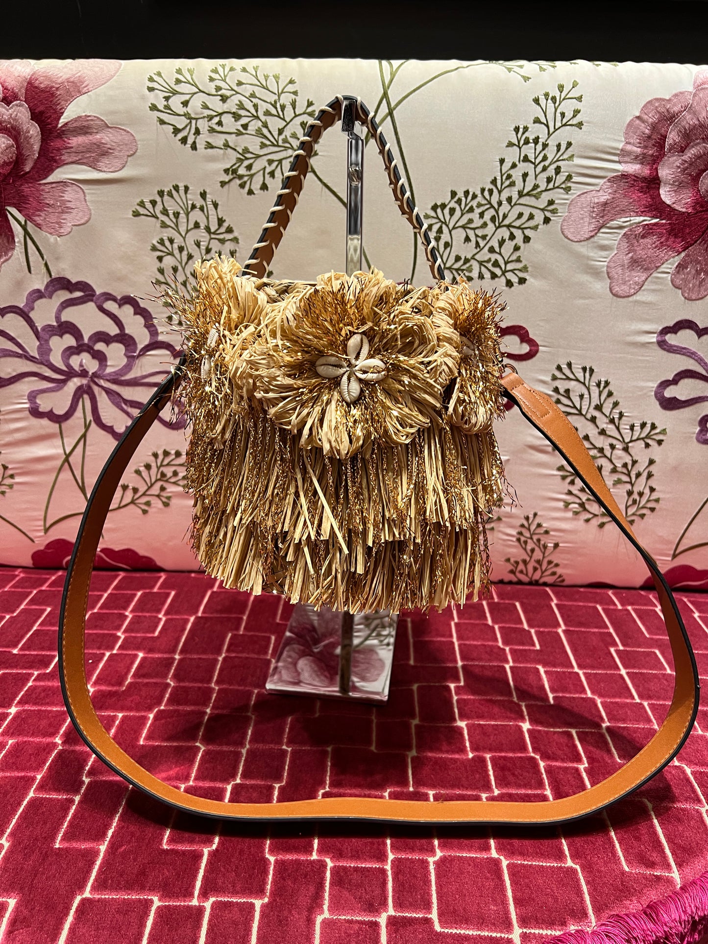 Borsa secchiello in rafia decorazioni conchiglie e tracolla