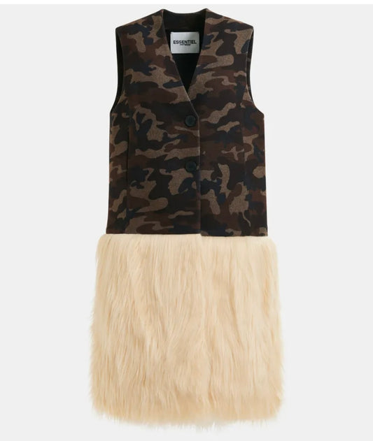 Essentiel antwerp gilet in panno mimetico ecopelliccia panna