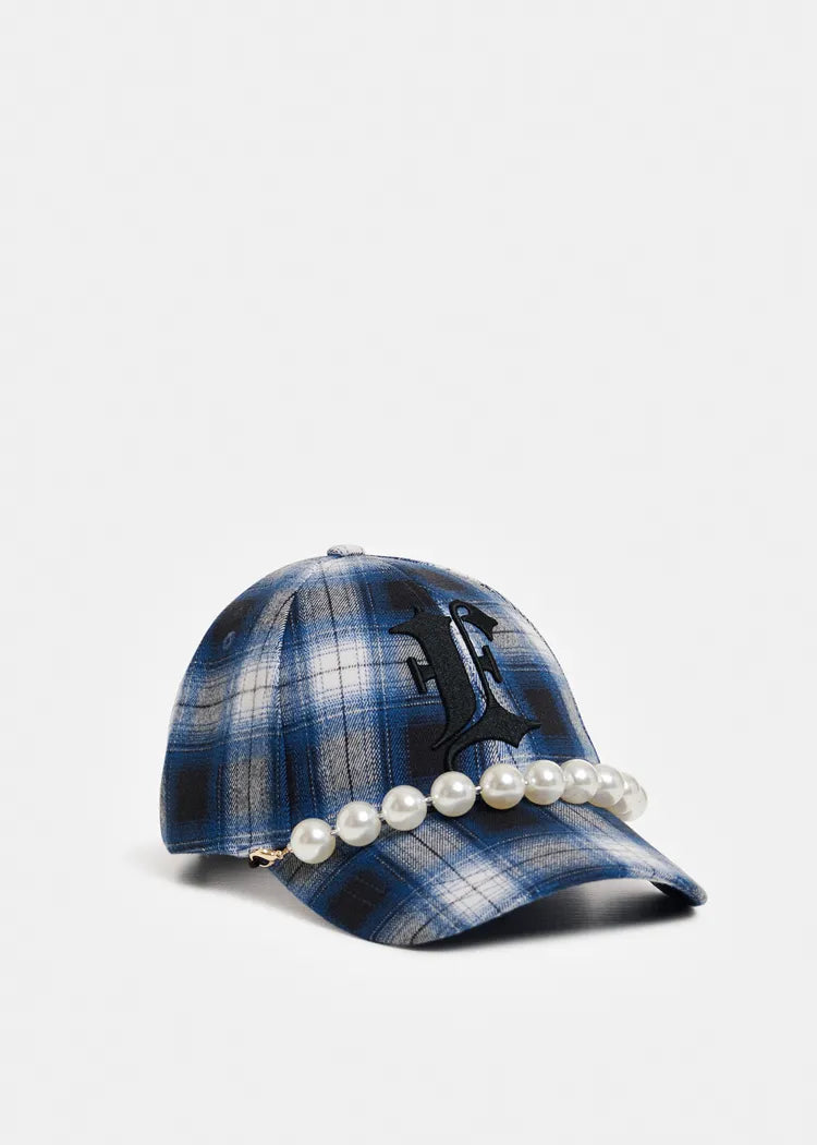 Essentiel antwerp cappello con visiera a quadri blue con decorazione rimovibile in finte perle
