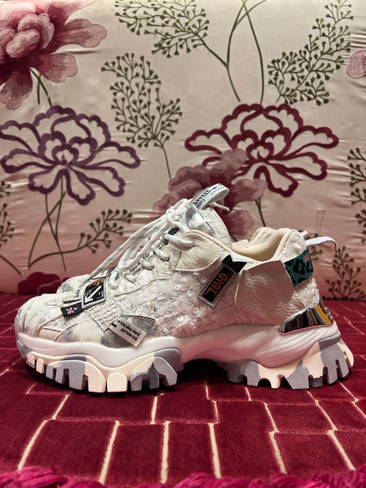 Joia Paris sneaker multimateriale  , tessuto tecnico, paillettes, cavallino, pelle