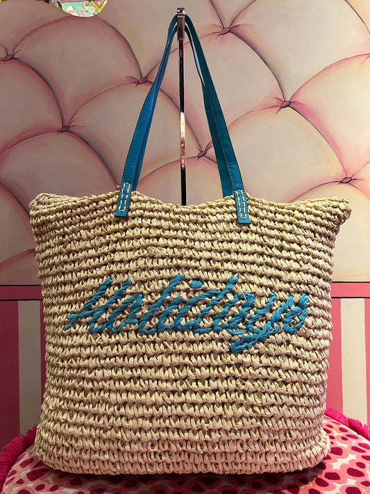 Borsa rafia ed ecopelle sabbia e turchese