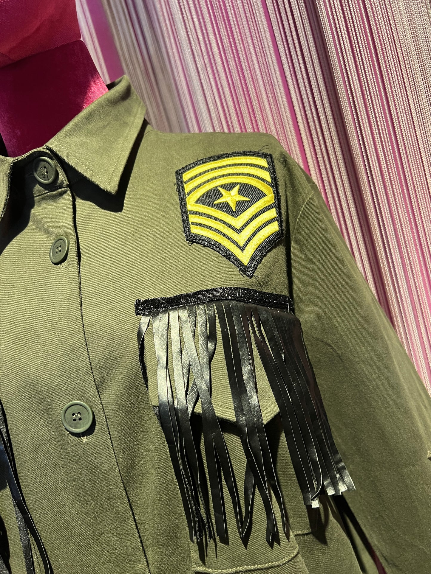 ABpink🩷 giacca Charlotte verde militare con patch tigre cuore stella maculati sul retro tigre vestibilita’ 40/44
