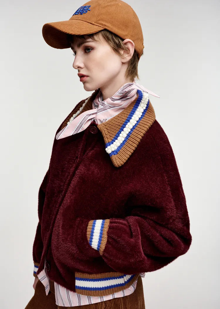 Essentiel antwerp cardigan bordeaux con colletto decorato con perline bianche , toni del marrone blu e bianco sporco