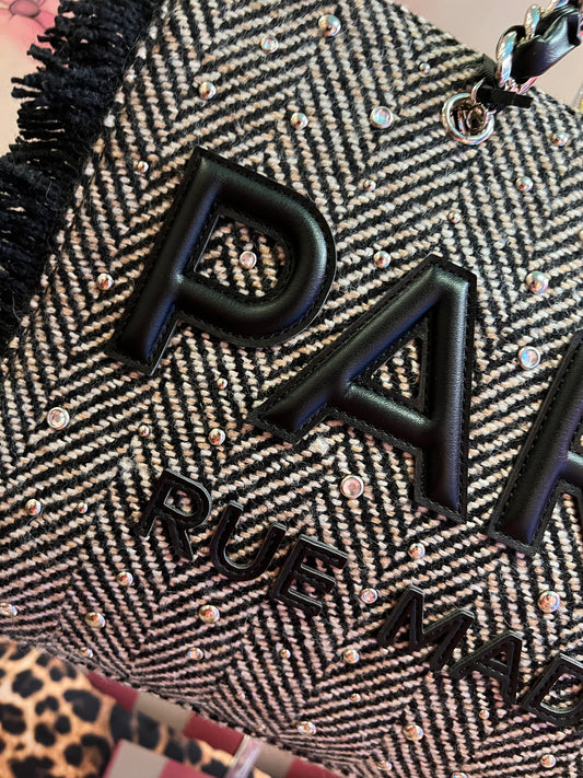 Rue Madam Paris borsa tweed nera due manici con tracolla Harris tote