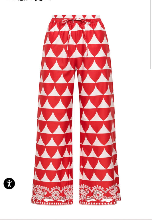 Maliparmi pantalone in popeline di cotone dritto con coulisse e vita elasticata , bordo ricamato e traforato a Sangallo, vestibilita asciutta