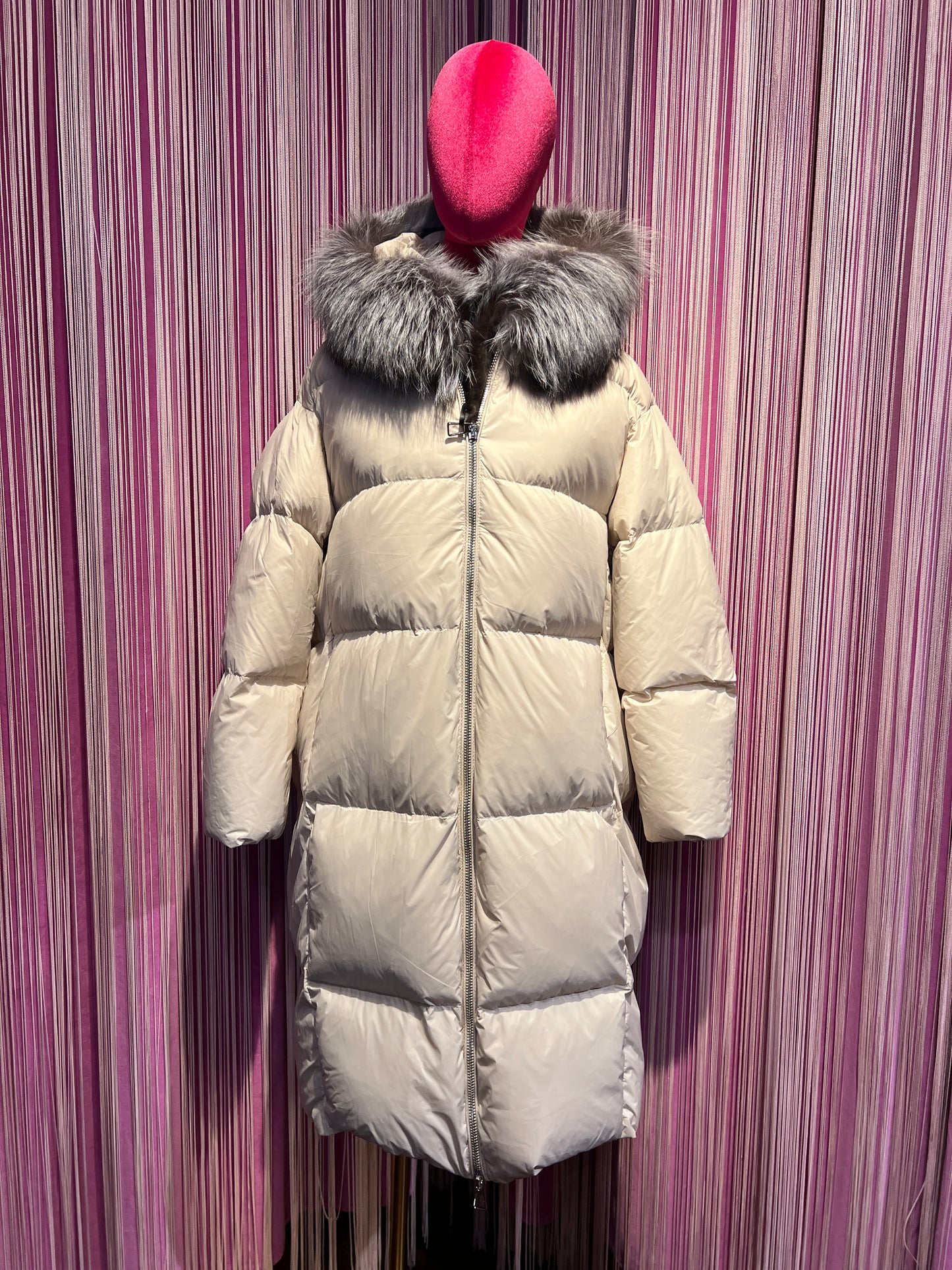 The room piumino lungo piuma d’oca con cappuccio,collo pelliccia rimovibile