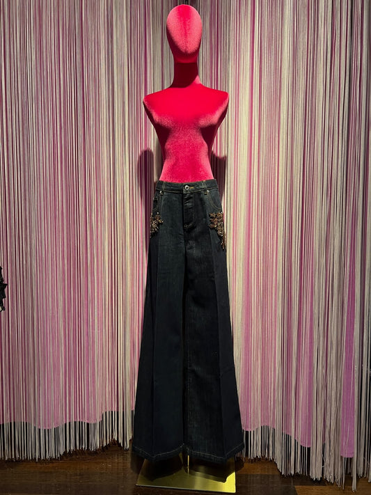 Ermanno Scervino jeans modello palazzo con applicazioni ramage cristalli