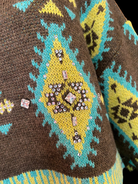 Colour market maglia jacquard verde militare e turchese con frange e strass