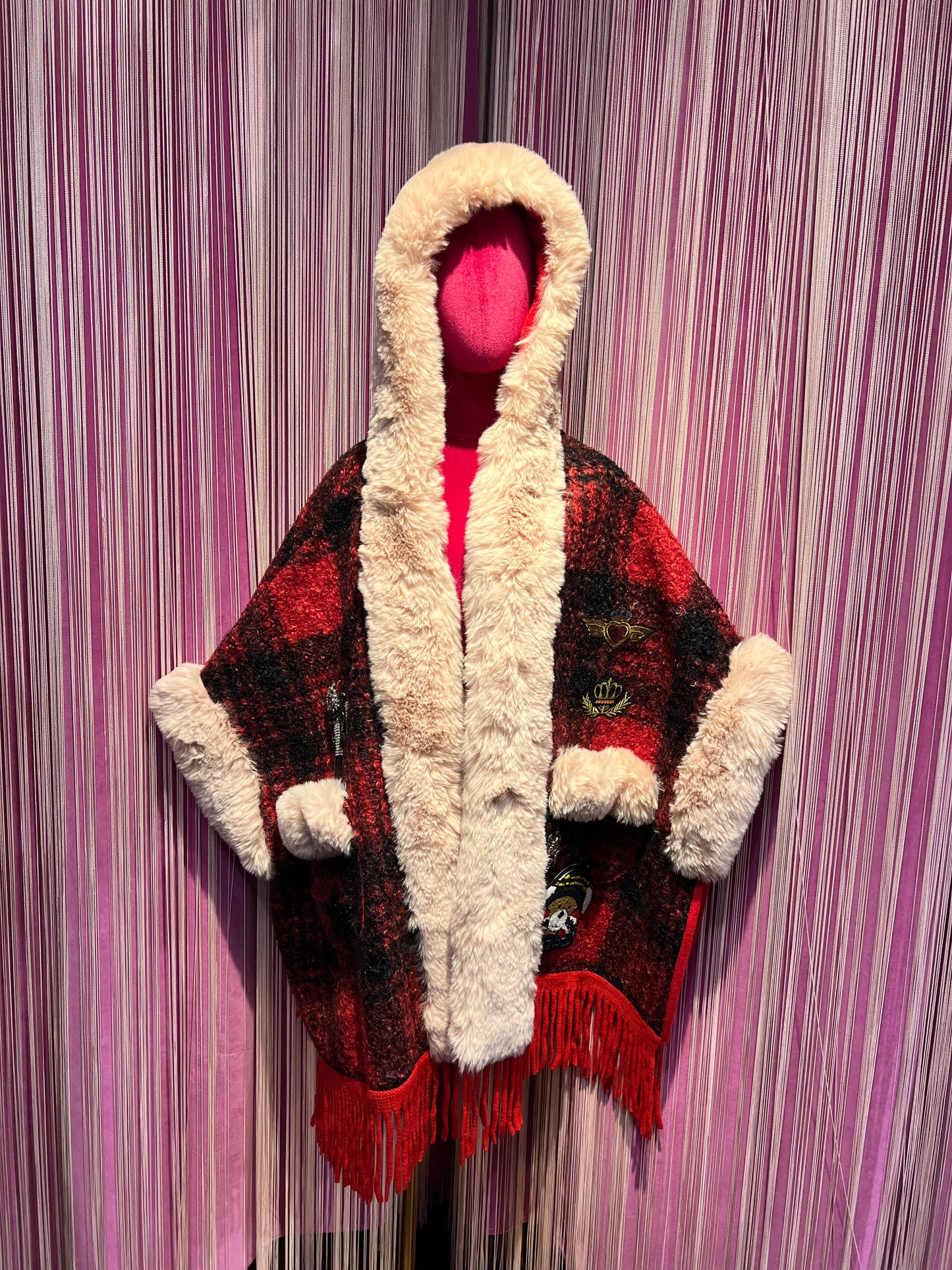 ABpink🩷 mantella boucle fantasia tartan con cappuccio, interno in ecopelle patch teddy