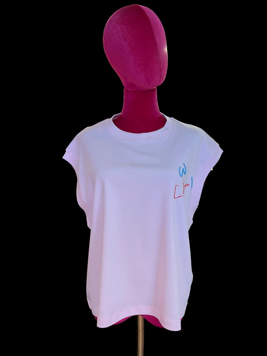 Sincere Paris t shirt senza maniche rosa con scritta “ w l amore !”