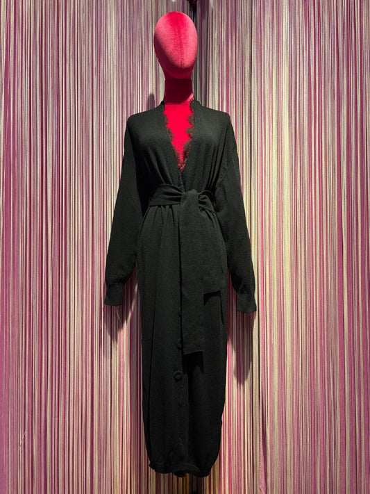 Pink memories cardigan lungo nero con cintura e pizzo nero