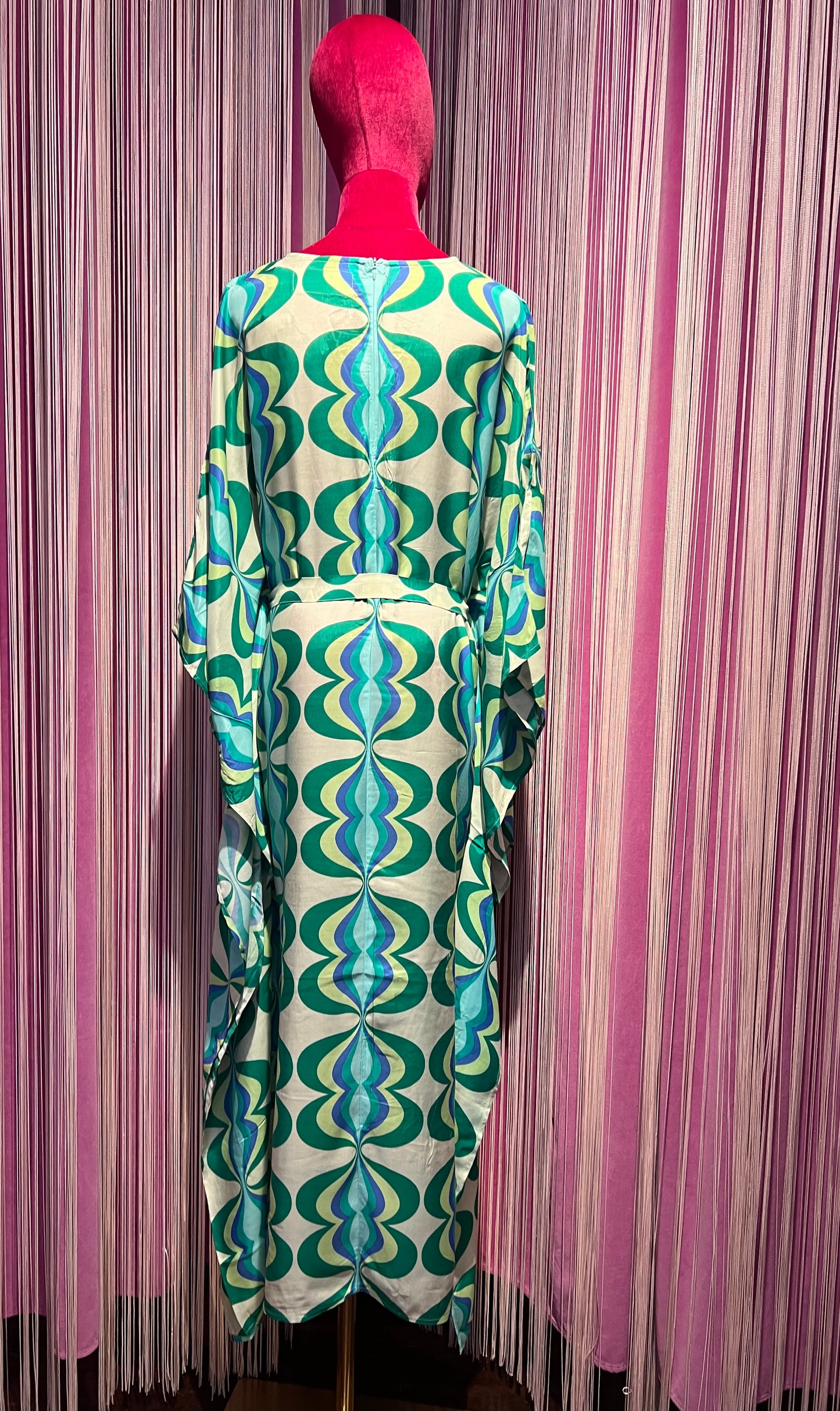 Sundress caftano fantasia astratta verde turchese e bianco