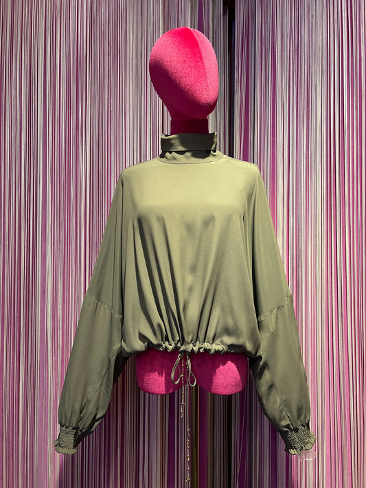 Bazar deluxe blusa taupe misto seta con coulisse su  orlo   e maniche ampie