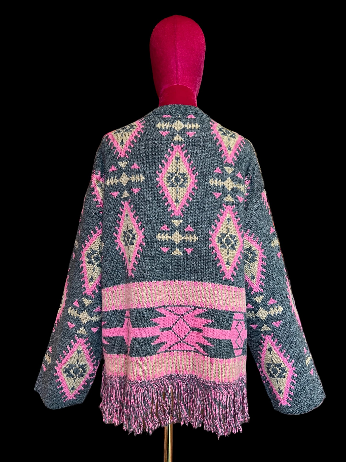 Colour market maglia jacquard con frange e strass grigio e fucsia